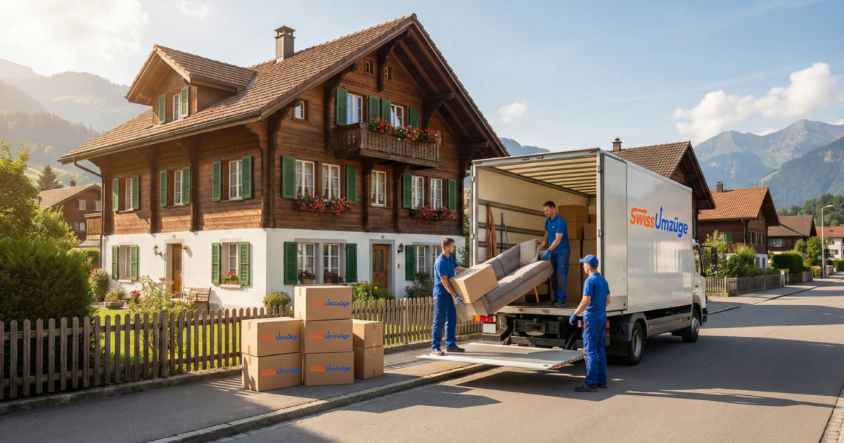 Das Swiss Umzüge Team beim sorgfältigen Auszug aus einem traditionellen Schweizer Chalet in den Bergen.