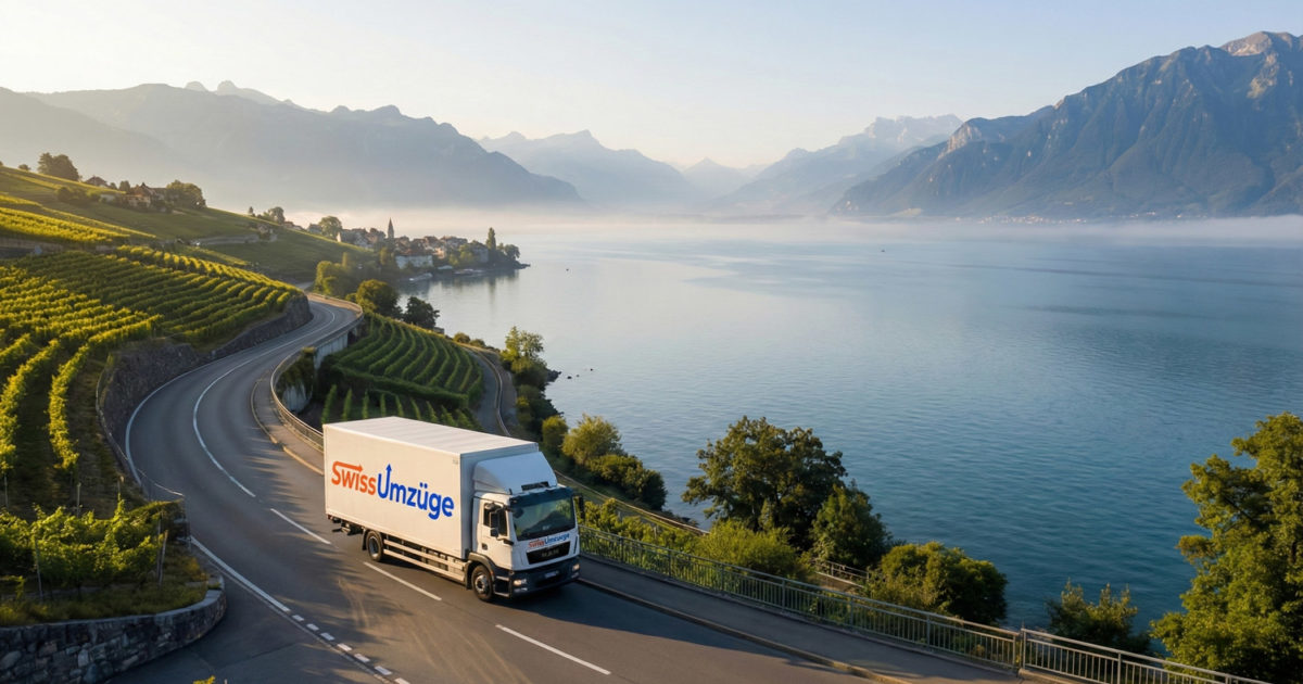 Ein Swiss Umzüge LKW auf Fernfahrt entlang des Genfersees mit malerischem Alpenpanorama.