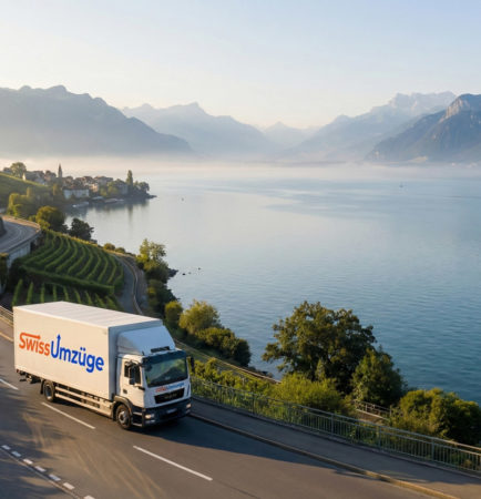 Ein Swiss Umzüge LKW auf Fernfahrt entlang des Genfersees mit malerischem Alpenpanorama.