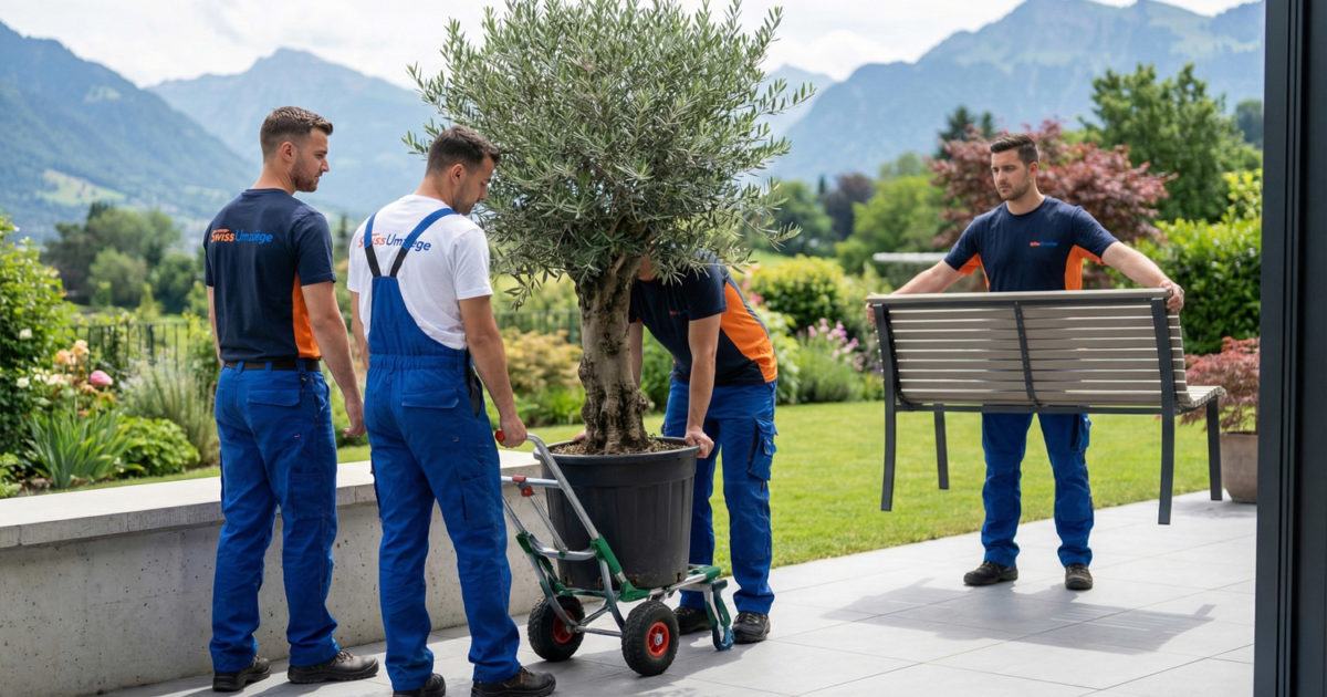 Sorgfältiger Gartentransport: Swiss Umzüge Mitarbeiter bewegen große Pflanzen und Gartenmöbel auf einer Terrasse.