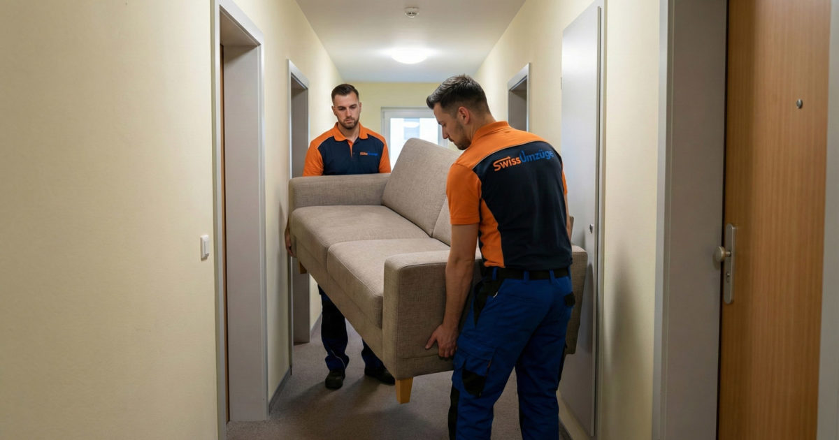 Zwei professionelle Möbelpacker von Swiss Umzüge manövrieren ein Sofa geschickt durch einen engen Flur.