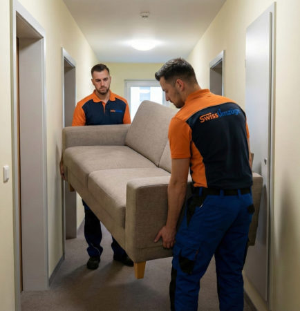 Zwei professionelle Möbelpacker von Swiss Umzüge manövrieren ein Sofa geschickt durch einen engen Flur.