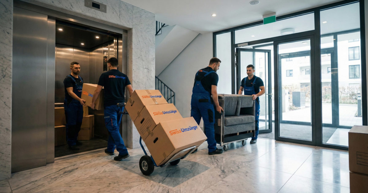 Mitarbeiter von Swiss Umzüge koordinieren den effizienten Möbeltransport im Gebäude mit dem Aufzug.