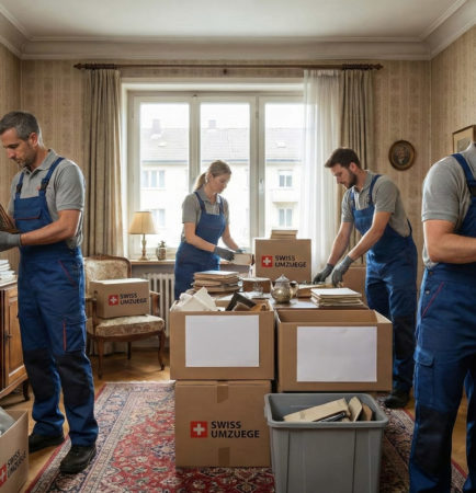 Team von Swiss Umzüge verpackt Möbel und Erinnerungsstücke in einer Altbauwohnung – Nachlassräumung