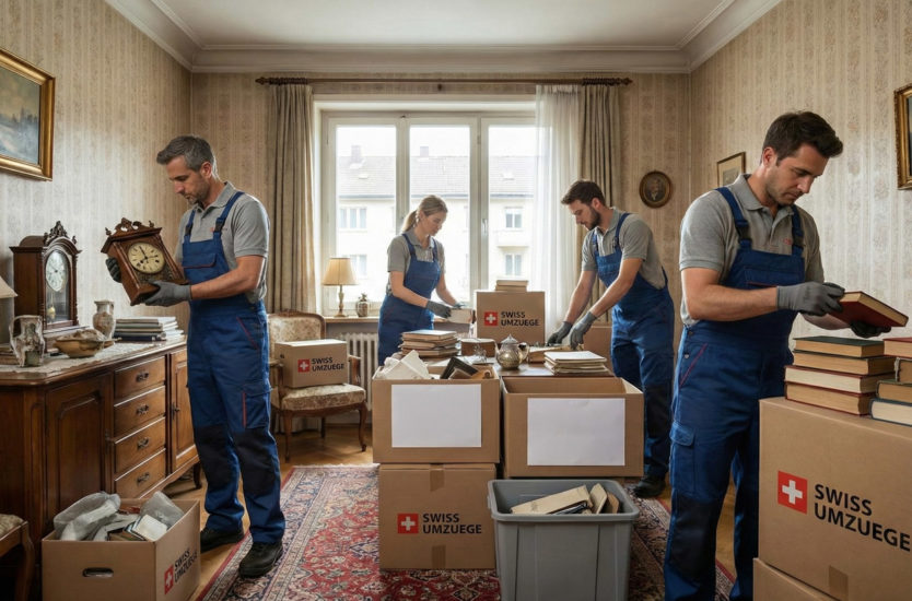 Team von Swiss Umzüge verpackt Möbel und Erinnerungsstücke in einer Altbauwohnung – Nachlassräumung