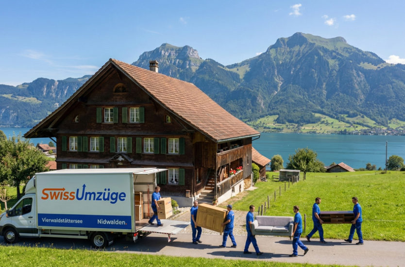 Bauernhaus am See mit Bergpanorama, Umzugswagen und Team von Swiss Umzüge – Umzug Nidwalden
