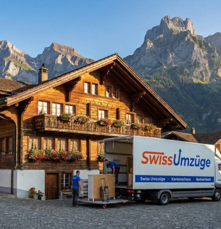 Chalet vor Bergkulisse mit Umzugswagen von Swiss Umzüge – Umzug Obwalden