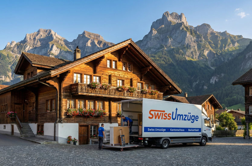 Chalet vor Bergkulisse mit Umzugswagen von Swiss Umzüge – Umzug Obwalden