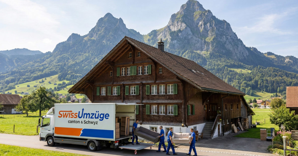 Holzhaus vor Bergpanorama mit Umzugswagen und Team von Swiss Umzüge – Umzug Schwyz