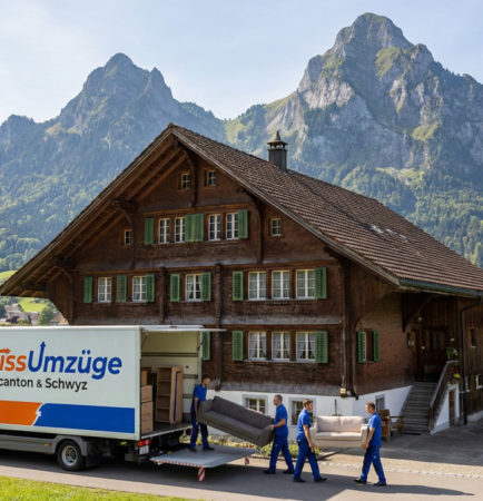 Holzhaus vor Bergpanorama mit Umzugswagen und Team von Swiss Umzüge – Umzug Schwyz