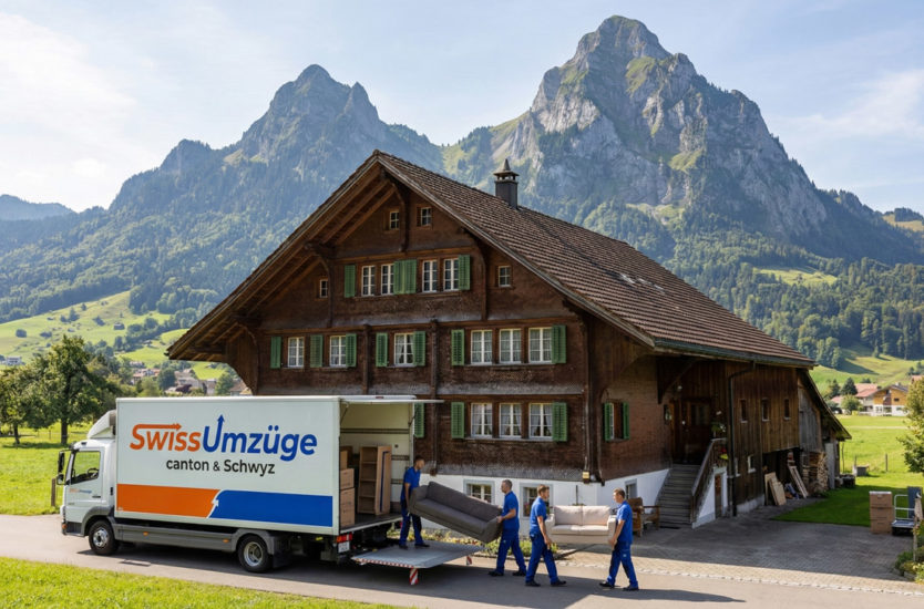 Holzhaus vor Bergpanorama mit Umzugswagen und Team von Swiss Umzüge – Umzug Schwyz
