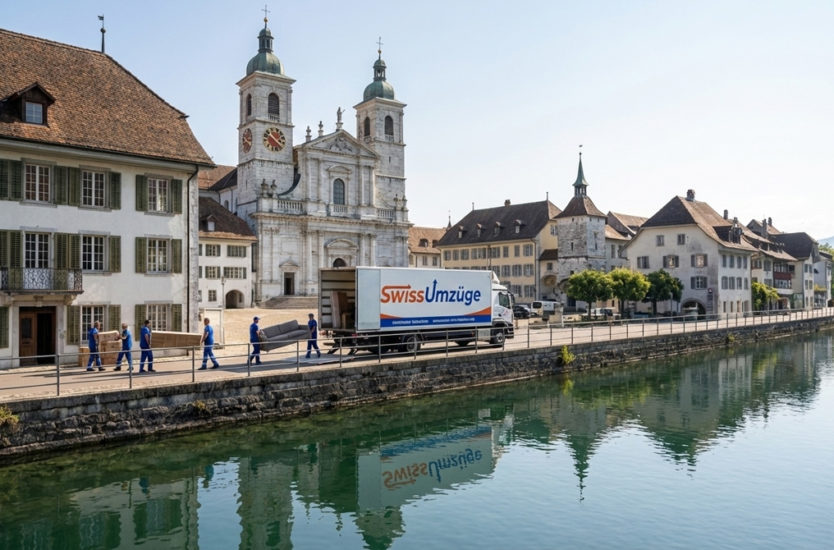 Altstadt von Solothurn an der Aare mit Kathedrale und Umzugswagen von Swiss Umzüge – Umzug Solothurn
