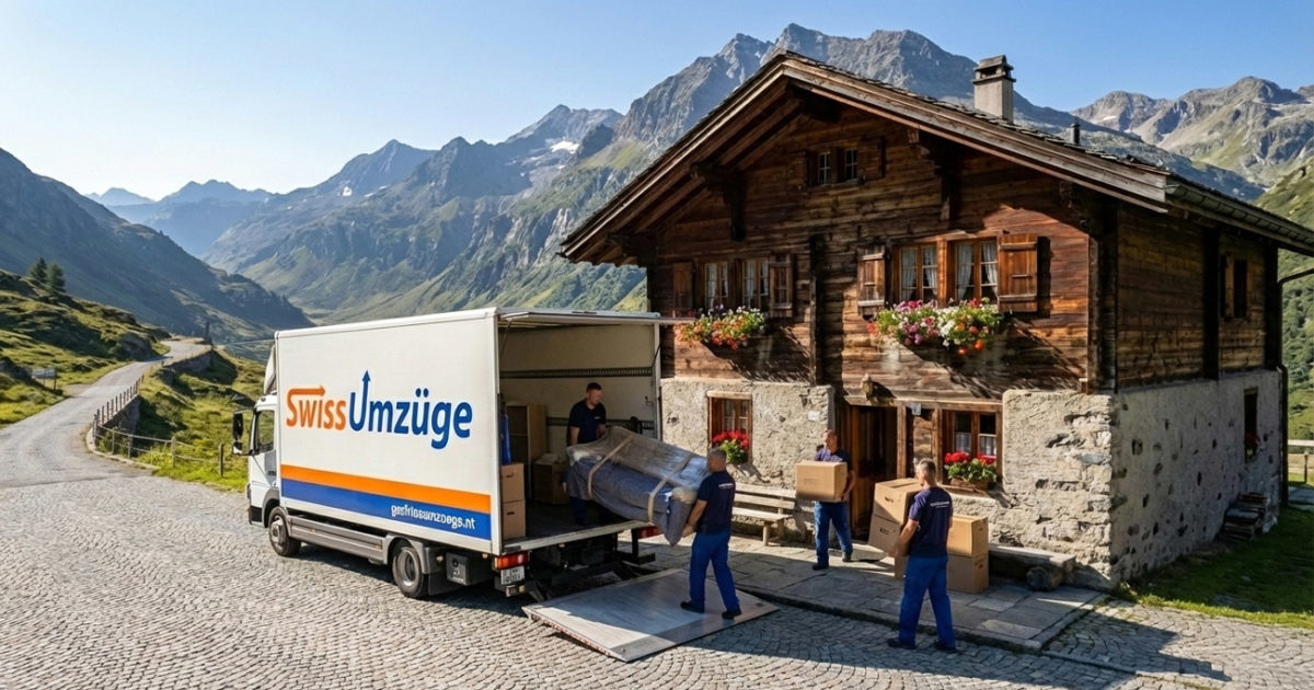 Professioneller Umzug Uri: Das Swiss Umzüge Team trägt ein fachgerecht verpacktes Sofa aus einem rustikalen Chalet in der Gotthard-Region