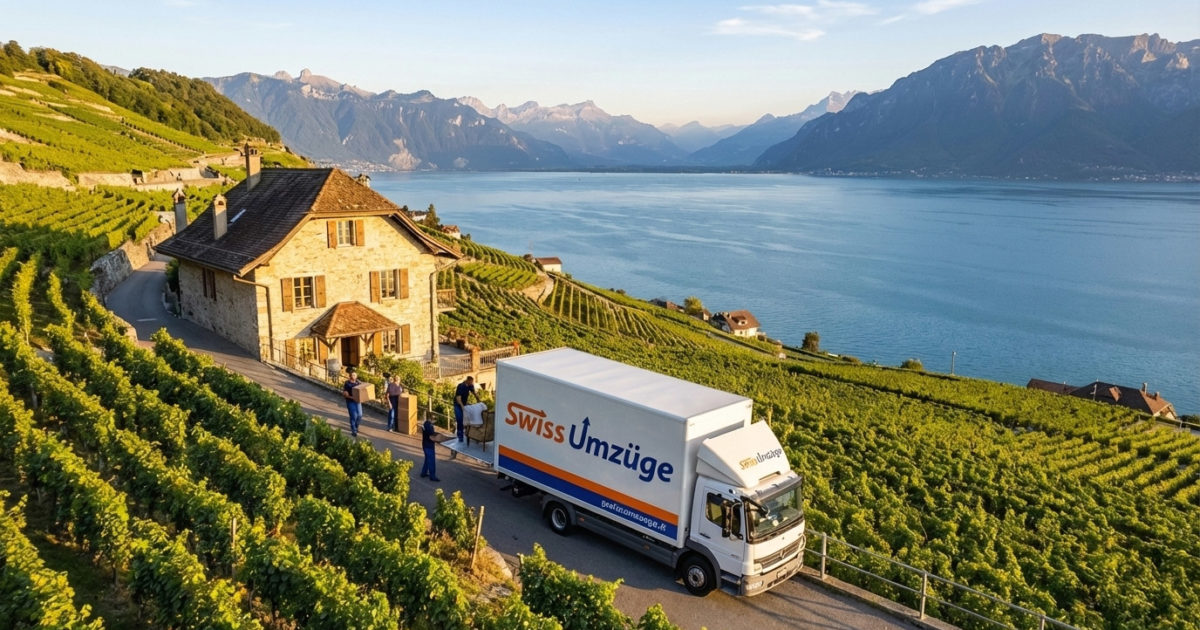Ihr Partner für den Umzug im Waadt: Das Swiss Umzüge Team im Einsatz in den Weinbergen des Lavaux mit Blick auf den Genfersee